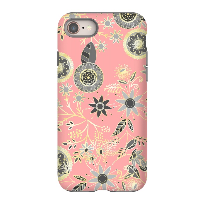 iPhone 8 StrongFit Elegant Gray and Pink Folk Floral Golden Design by InovArts