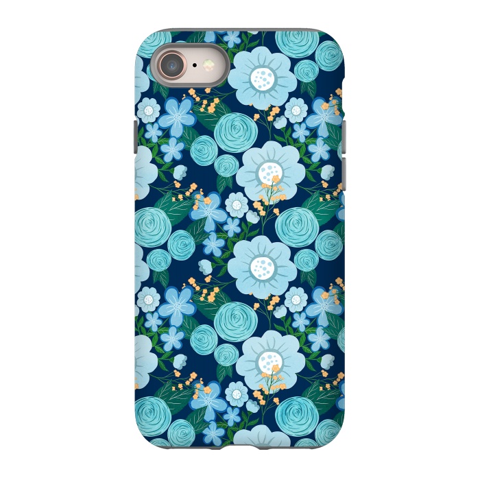 iPhone 8 StrongFit Cute Girly Blue Hand Drawn Flowers Pattern by InovArts