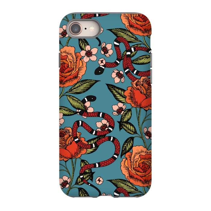 iPhone 8 StrongFit Roses and snake. Blue pattern by Julia Badeeva