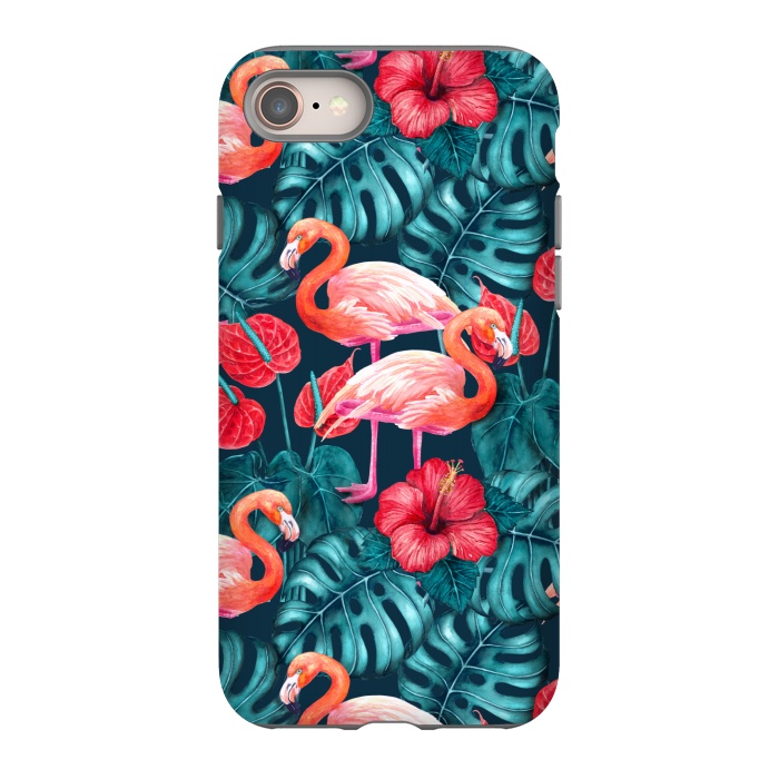 iPhone 8 StrongFit Flamingo birds and tropical garden watercolor by Katerina Kirilova