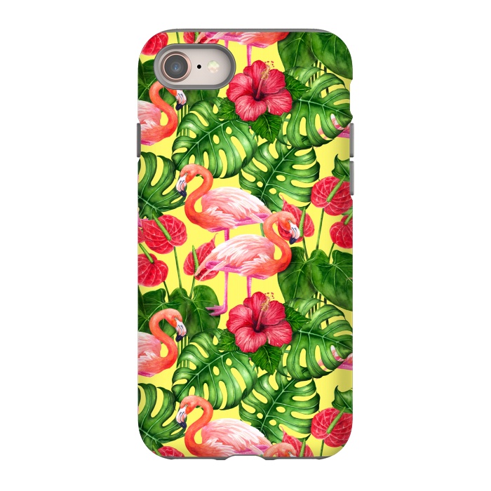 iPhone 8 StrongFit Flamingo birds and tropical garden watercolor 2 by Katerina Kirilova