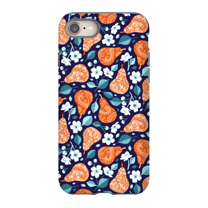 iPhone 8 StrongFit Cheerful Pears in Orange on Navy Blue by Micklyn Le Feuvre