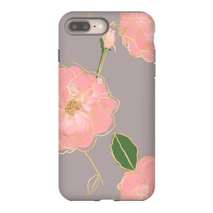 iPhone 8 plus StrongFit Elegant Pink & Gold Watercolor Roses Gray Design by InovArts