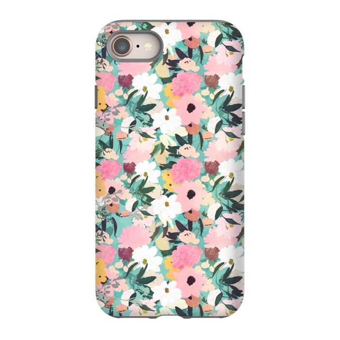 iPhone 8 StrongFit Pretty Watercolor Pink & White Floral Green Design by InovArts