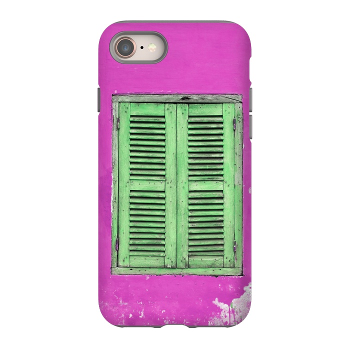 iPhone SE StrongFit Turquoise Green Shutters In Pink Wall by Andrea Haase