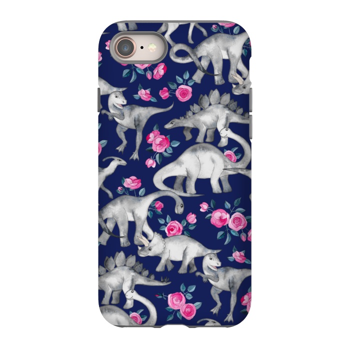 iPhone SE StrongFit Dinosaurs and Roses on Dark Blue Purple by Micklyn Le Feuvre