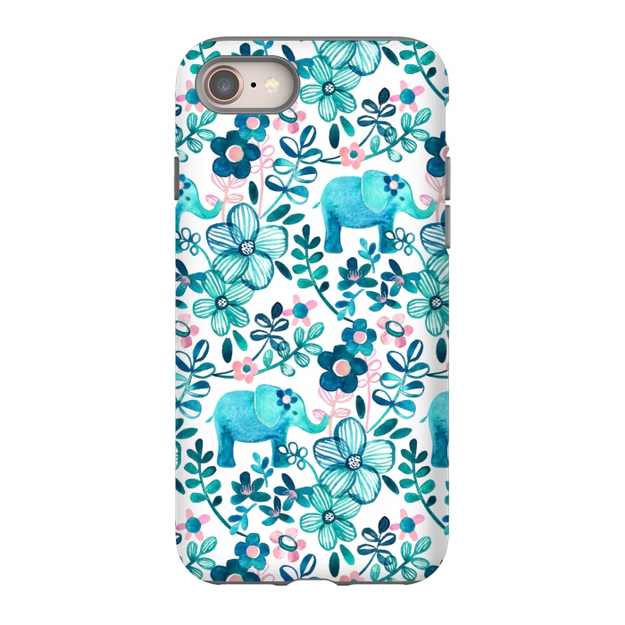iPhone SE StrongFit Little Teal Elephant Watercolor Floral on White by Micklyn Le Feuvre