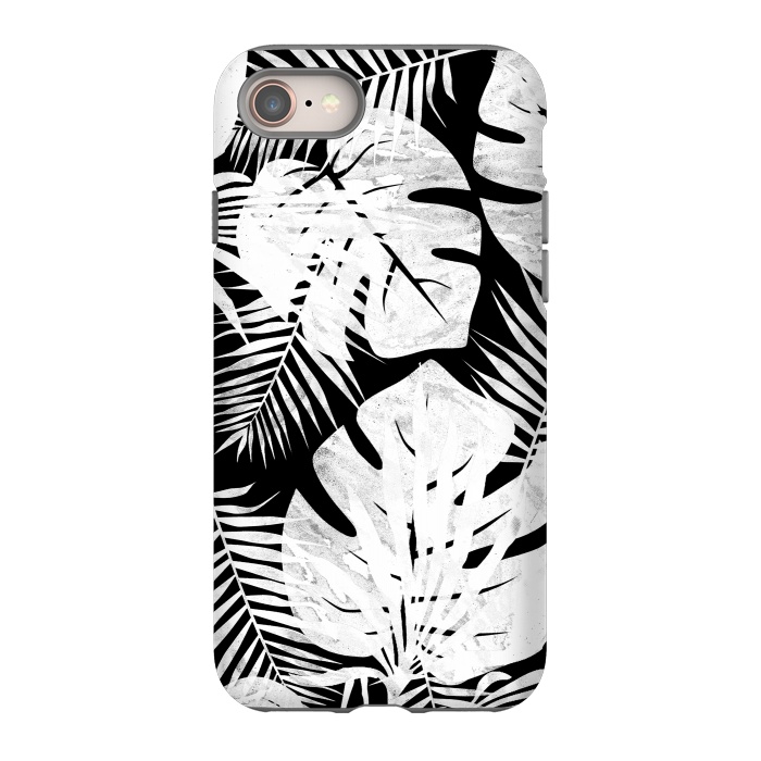iPhone SE StrongFit White textured jungle leaves on black backround by Oana 