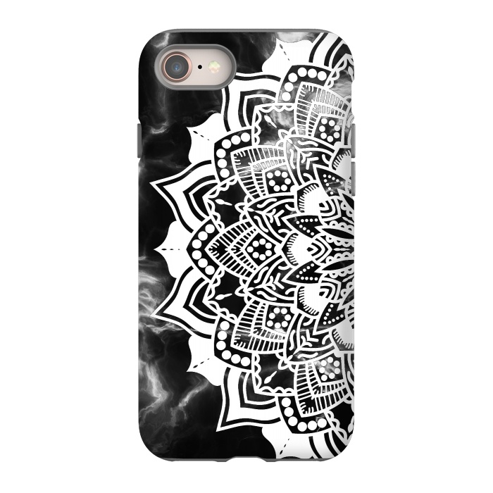 iPhone SE StrongFit White floral line art mandala on black marble by Oana 