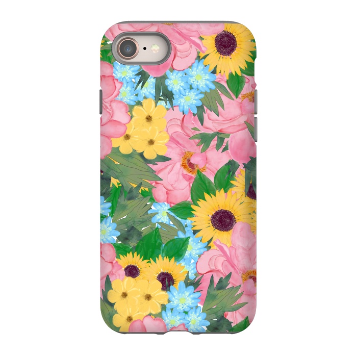 iPhone SE StrongFit Trendy Pink Peonies Yellow Sunflowers Watercolor paint by InovArts