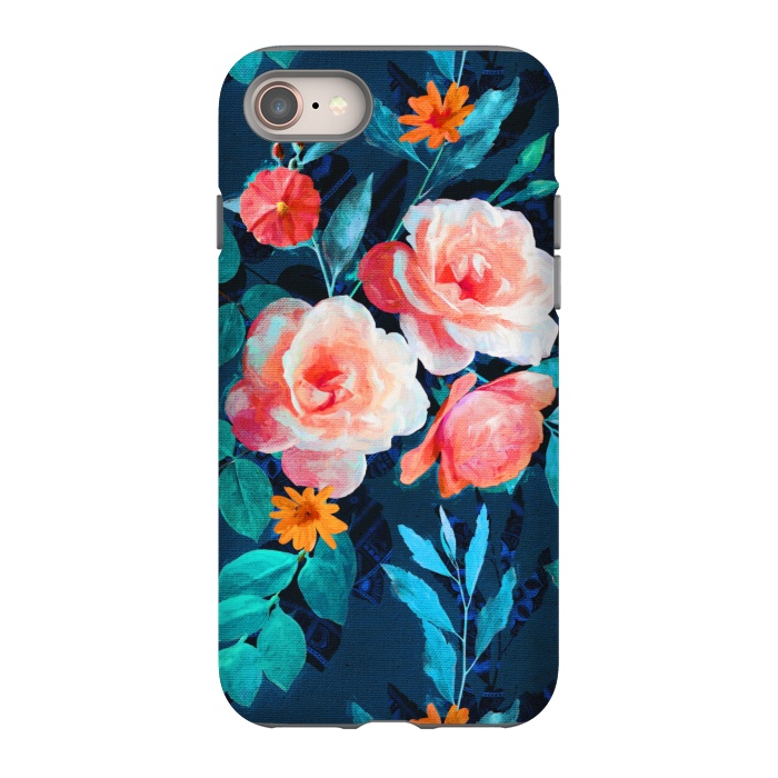 iPhone SE StrongFit Retro Rose Chintz in Bright Coral and Peach on Indigo Blue by Micklyn Le Feuvre