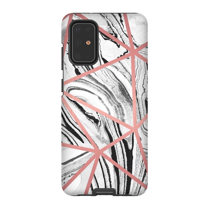 Galaxy S20 Plus StrongFit White marble with black stripes and rose gold triangles by Oana 