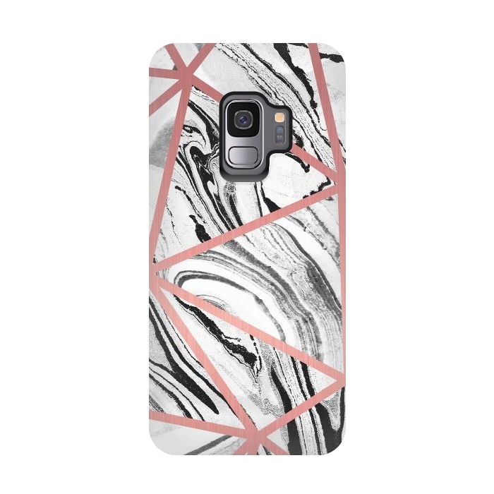 Galaxy S9 StrongFit White marble with black stripes and rose gold triangles by Oana 