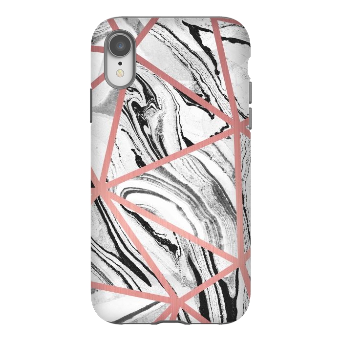 iPhone Xr StrongFit White marble with black stripes and rose gold triangles by Oana 