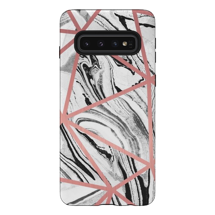 Galaxy S10 StrongFit White marble with black stripes and rose gold triangles by Oana 