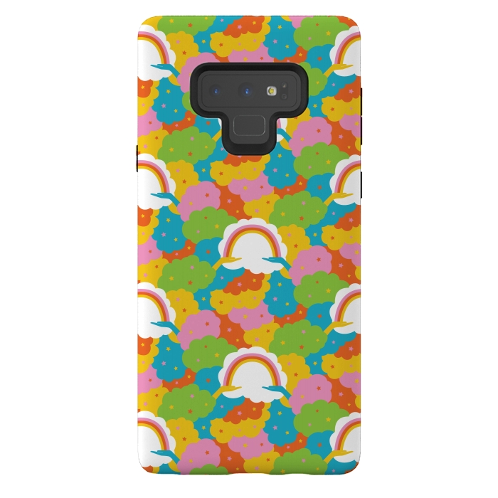 Galaxy Note 9 StrongFit Rainbows, clouds, hands, We're in This Together repeat pattern in pastels by Portia Monberg