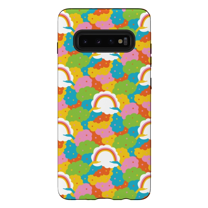 Galaxy S10 plus StrongFit Rainbows, clouds, hands, We're in This Together repeat pattern in pastels by Portia Monberg