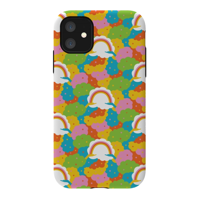iPhone 11 StrongFit Rainbows, clouds, hands, We're in This Together repeat pattern in pastels by Portia Monberg