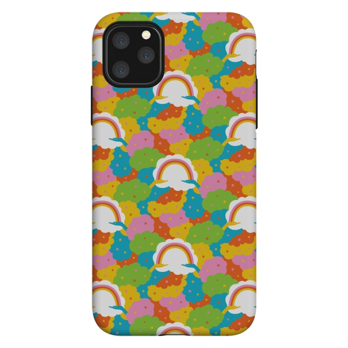 iPhone 11 Pro Max StrongFit Rainbows, clouds, hands, We're in This Together repeat pattern in pastels by Portia Monberg
