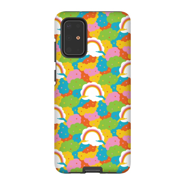 Galaxy S20 Plus StrongFit Rainbows, clouds, hands, We're in This Together repeat pattern in pastels by Portia Monberg