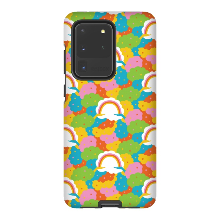 Galaxy S20 Ultra StrongFit Rainbows, clouds, hands, We're in This Together repeat pattern in pastels by Portia Monberg