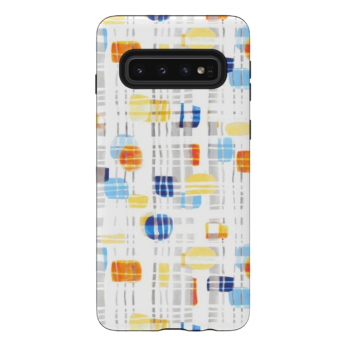 Galaxy S10 StrongFit Blue & Yellow Abstract Gouache Shapes & Gingham by Tigatiga