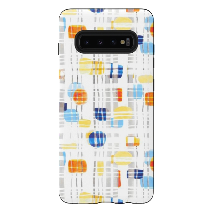 Galaxy S10 plus StrongFit Blue & Yellow Abstract Gouache Shapes & Gingham by Tigatiga