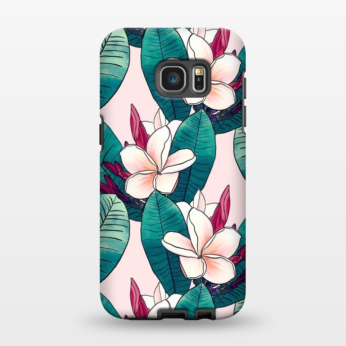 Galaxy S7 EDGE StrongFit Trendy Tropical Plumeria Flowers Green Foliage Design by InovArts