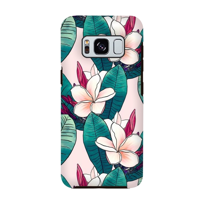 Galaxy S8 StrongFit Trendy Tropical Plumeria Flowers Green Foliage Design by InovArts