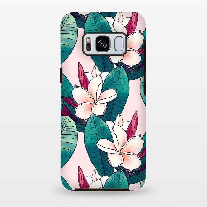Galaxy S8 plus StrongFit Trendy Tropical Plumeria Flowers Green Foliage Design by InovArts