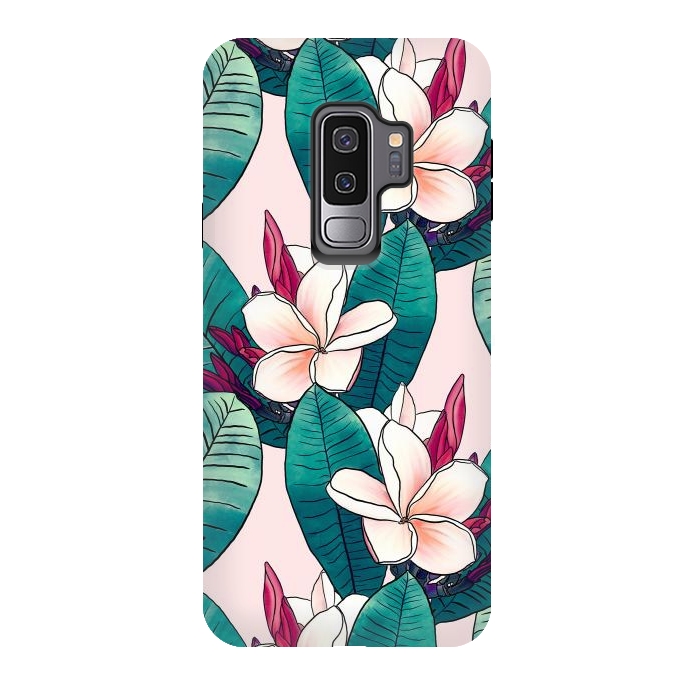 Galaxy S9 plus StrongFit Trendy Tropical Plumeria Flowers Green Foliage Design by InovArts