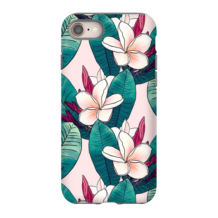 iPhone 8 StrongFit Trendy Tropical Plumeria Flowers Green Foliage Design by InovArts