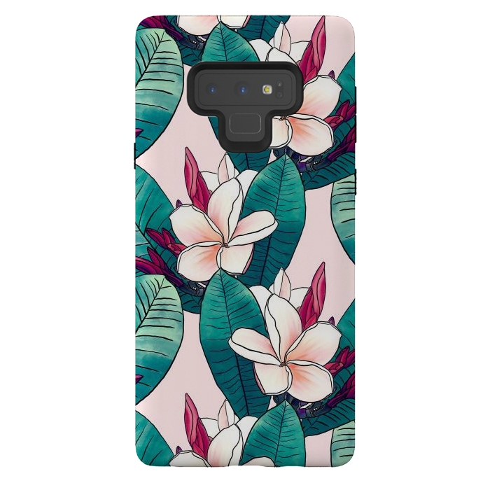 Galaxy Note 9 StrongFit Trendy Tropical Plumeria Flowers Green Foliage Design by InovArts