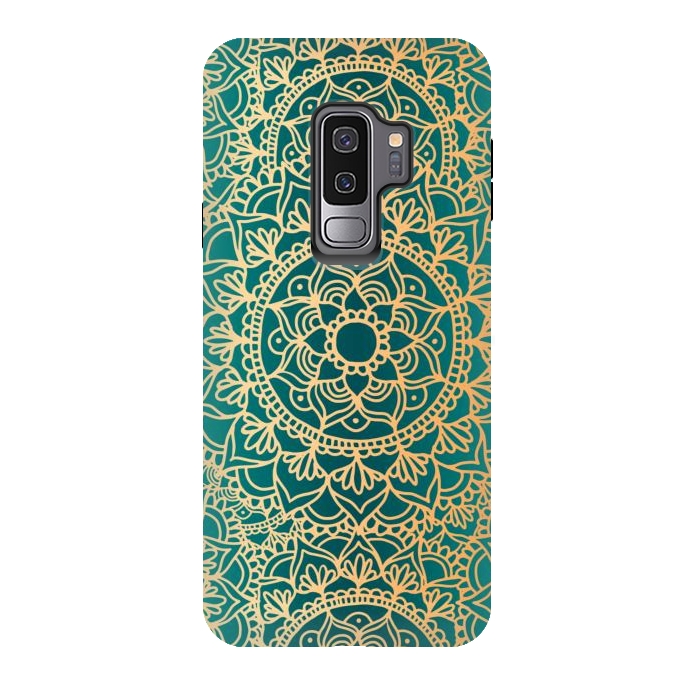 Galaxy S9 plus StrongFit Teal Green and Yellow Mandala Pattern by Julie Erin Designs