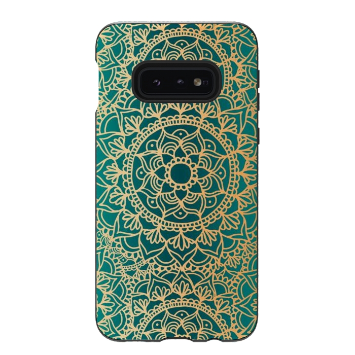 Galaxy S10e StrongFit Teal Green and Yellow Mandala Pattern by Julie Erin Designs