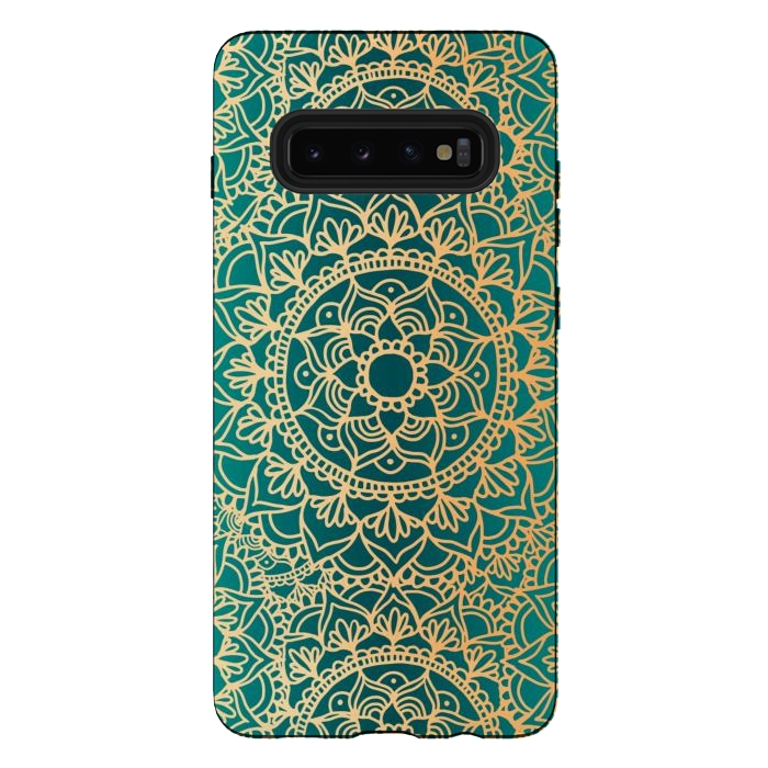 Galaxy S10 plus StrongFit Teal Green and Yellow Mandala Pattern by Julie Erin Designs