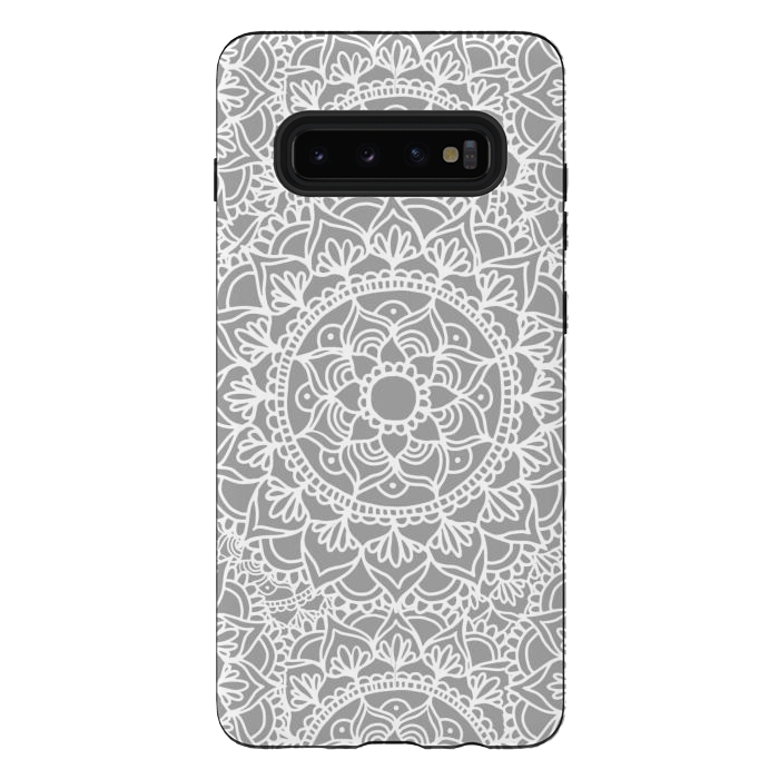 Galaxy S10 plus StrongFit White and Gray Mandala Pattern by Julie Erin Designs