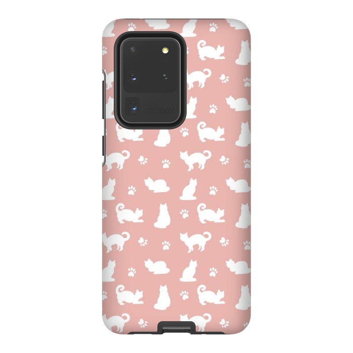 Galaxy S20 Ultra StrongFit Pink and White Cat Pattern by Julie Erin Designs