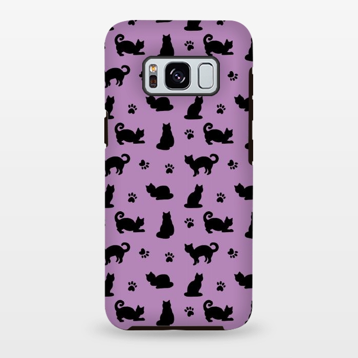 Galaxy S8 plus StrongFit Black and Purple Cats and Paw Prints Pattern by Julie Erin Designs