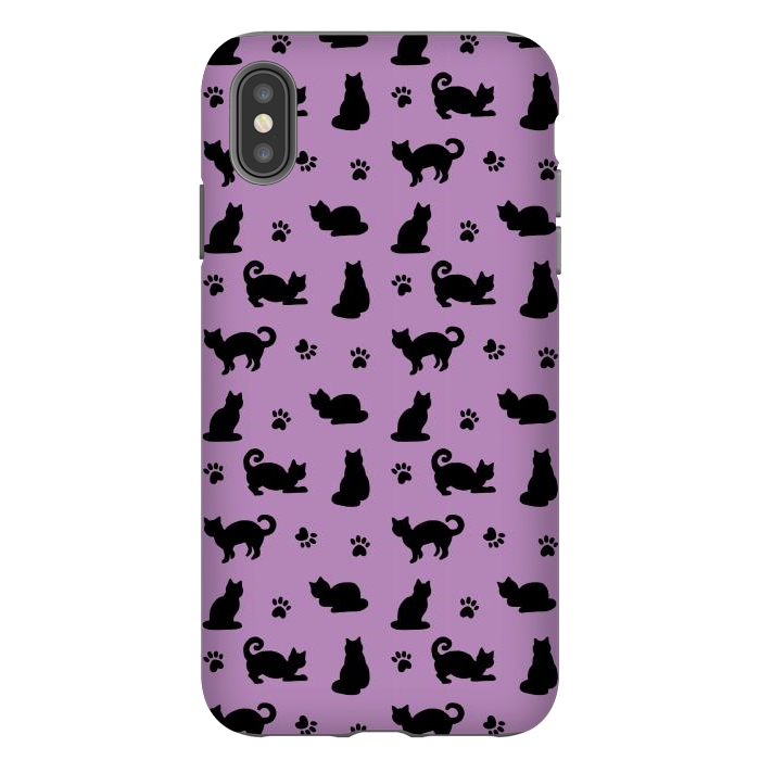 iPhone Xs Max StrongFit Black and Purple Cats and Paw Prints Pattern by Julie Erin Designs