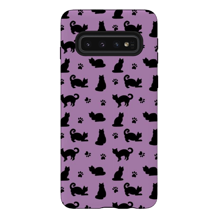 Galaxy S10 StrongFit Black and Purple Cats and Paw Prints Pattern by Julie Erin Designs