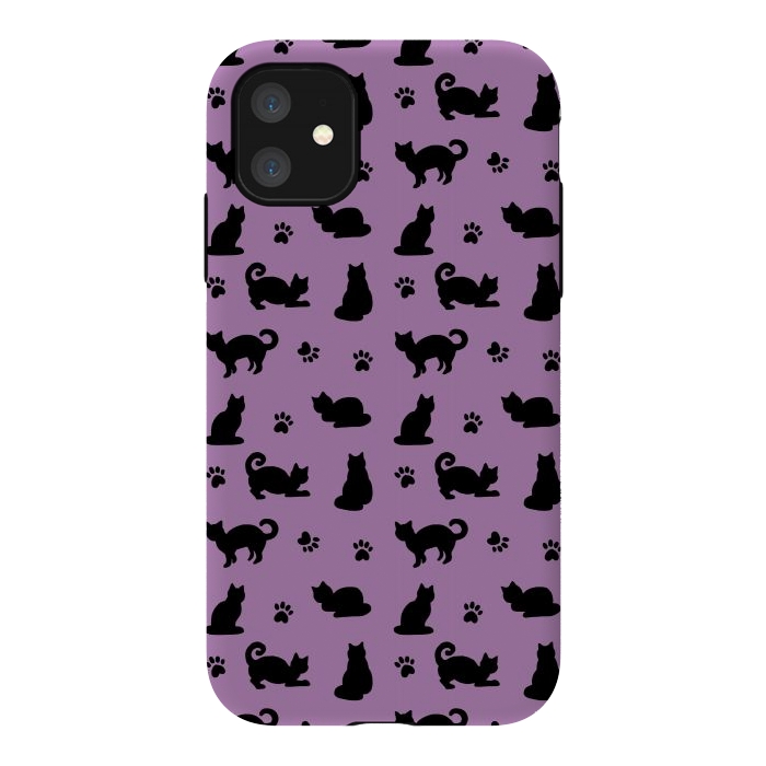 iPhone 11 StrongFit Black and Purple Cats and Paw Prints Pattern by Julie Erin Designs