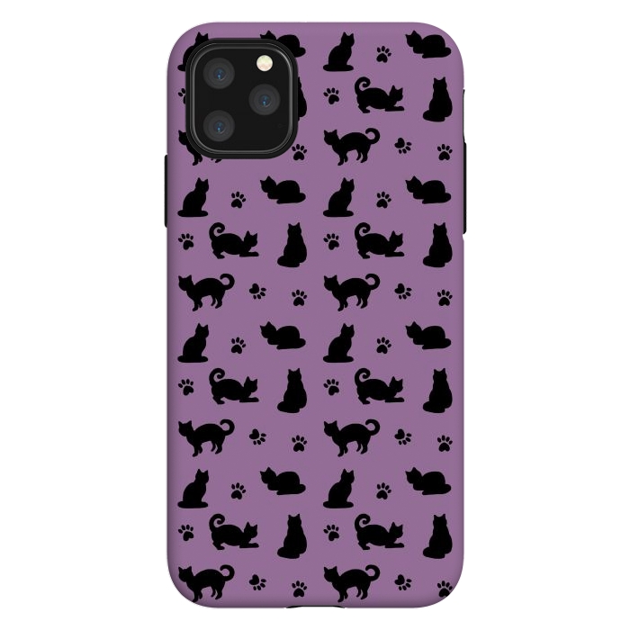 iPhone 11 Pro Max StrongFit Black and Purple Cats and Paw Prints Pattern by Julie Erin Designs