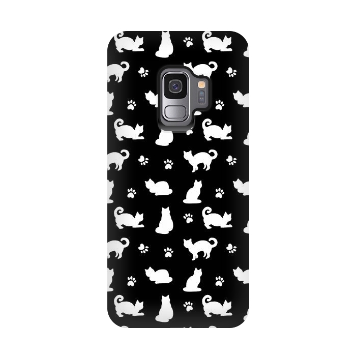Galaxy S9 StrongFit Black and White Cats and Paw Prints Pattern by Julie Erin Designs