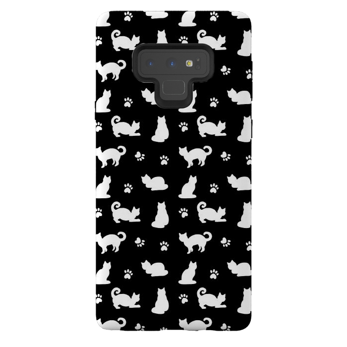 Galaxy Note 9 StrongFit Black and White Cats and Paw Prints Pattern by Julie Erin Designs