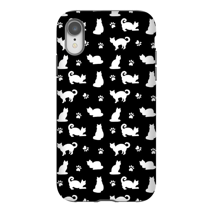 iPhone Xr StrongFit Black and White Cats and Paw Prints Pattern by Julie Erin Designs