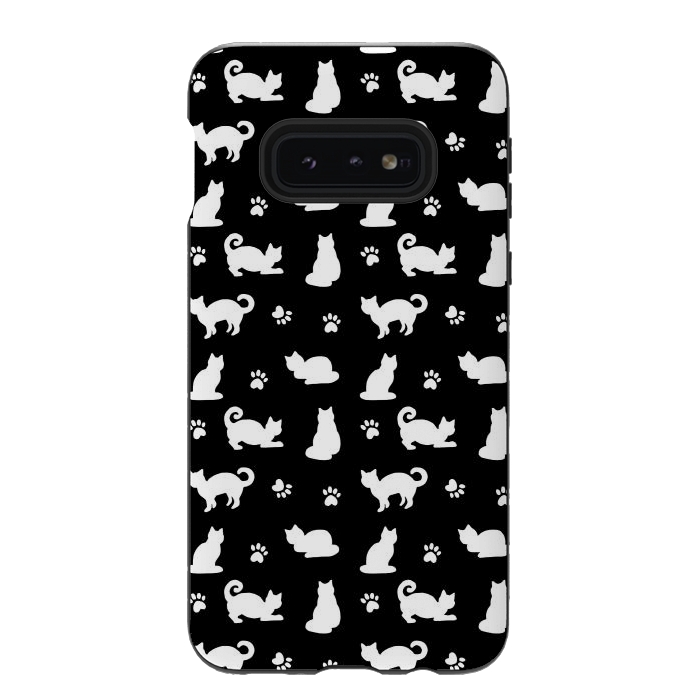 Galaxy S10e StrongFit Black and White Cats and Paw Prints Pattern by Julie Erin Designs