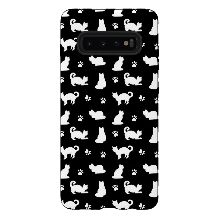 Galaxy S10 plus StrongFit Black and White Cats and Paw Prints Pattern by Julie Erin Designs