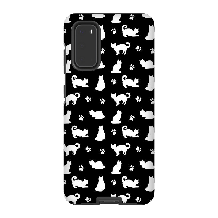 Galaxy S20 StrongFit Black and White Cats and Paw Prints Pattern by Julie Erin Designs