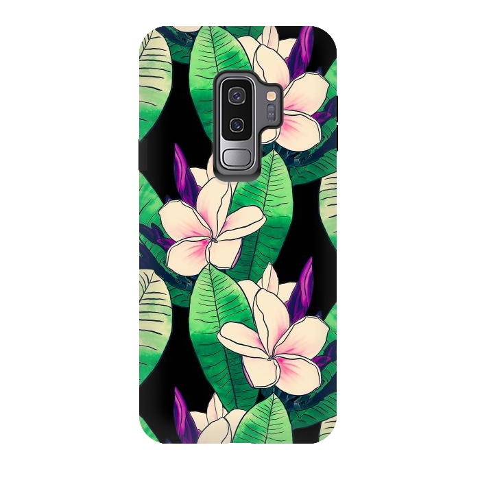 Galaxy S9 plus StrongFit Stylish Plumeria Flower Tropical Green Foliage Design by InovArts